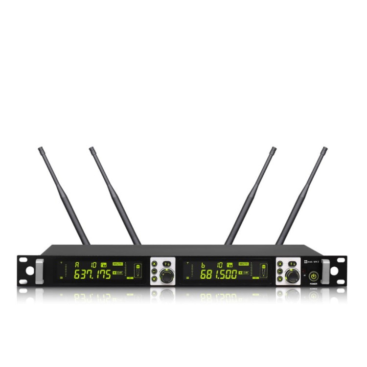 Odbiornik UHF systemu Avtek WM-2B z podwójnym panelem kontrolnym i wyświetlaczami LCD