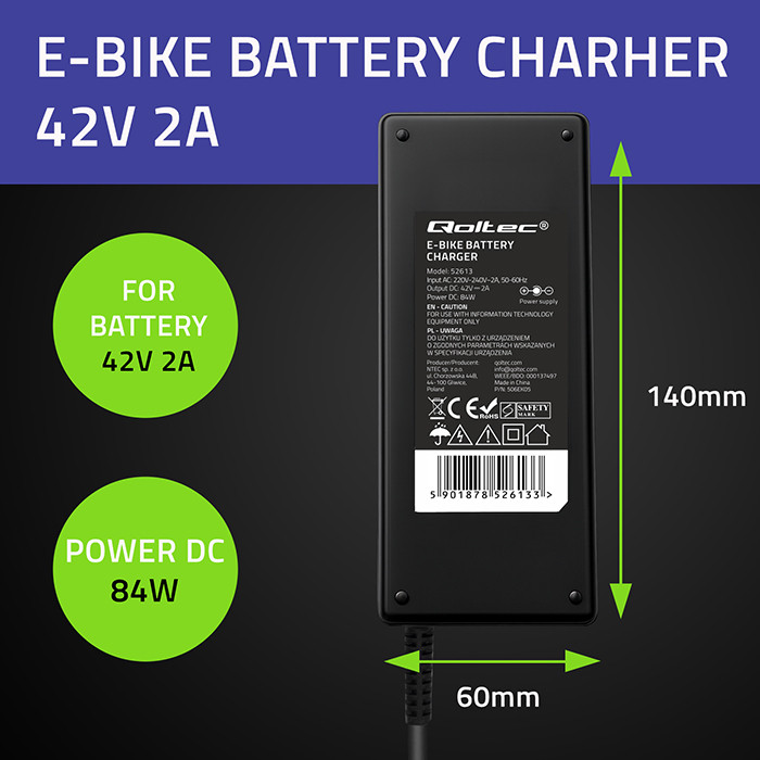 Ładowanie roweru elektrycznego Bosch za pomocą ładowarki Qoltec 84W